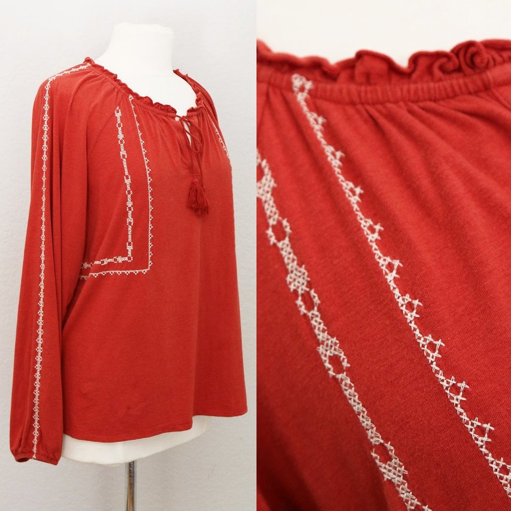 Garnet Hill Organic Cotton Tencel Blend Cross Stitch Embroidered Peasant Top M - Picture 2 of 14